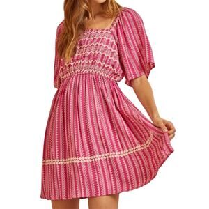 Savanna Jane Sz L Embroidered Pink Boho Patterned Bow Tie Back Dress Spring